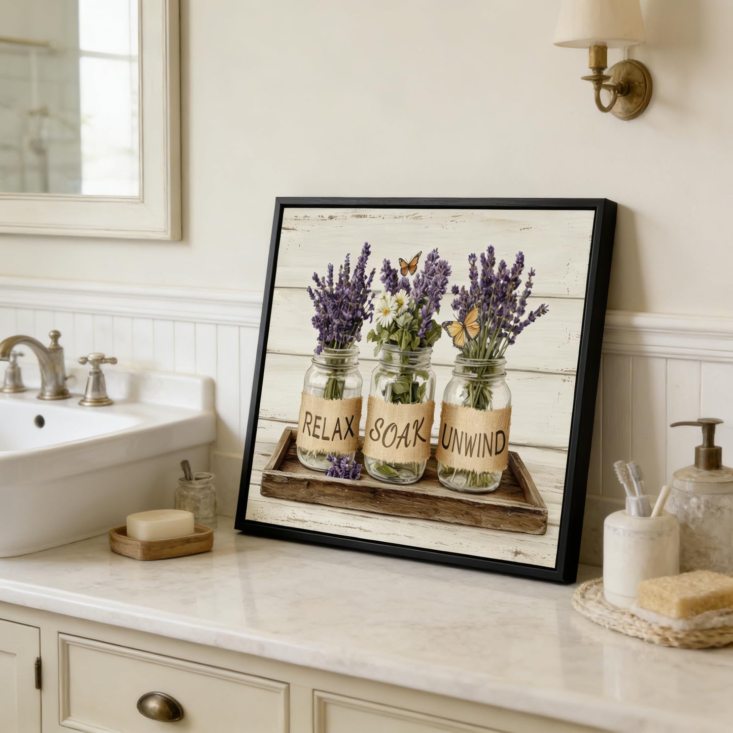Black Framed Farmhouse Bathroom Wall Art Rustic Lavender Flower Wall Decor Relax Soak Unwind Bathroom Posters Prints for Spa Bathroom 8x10 Inch