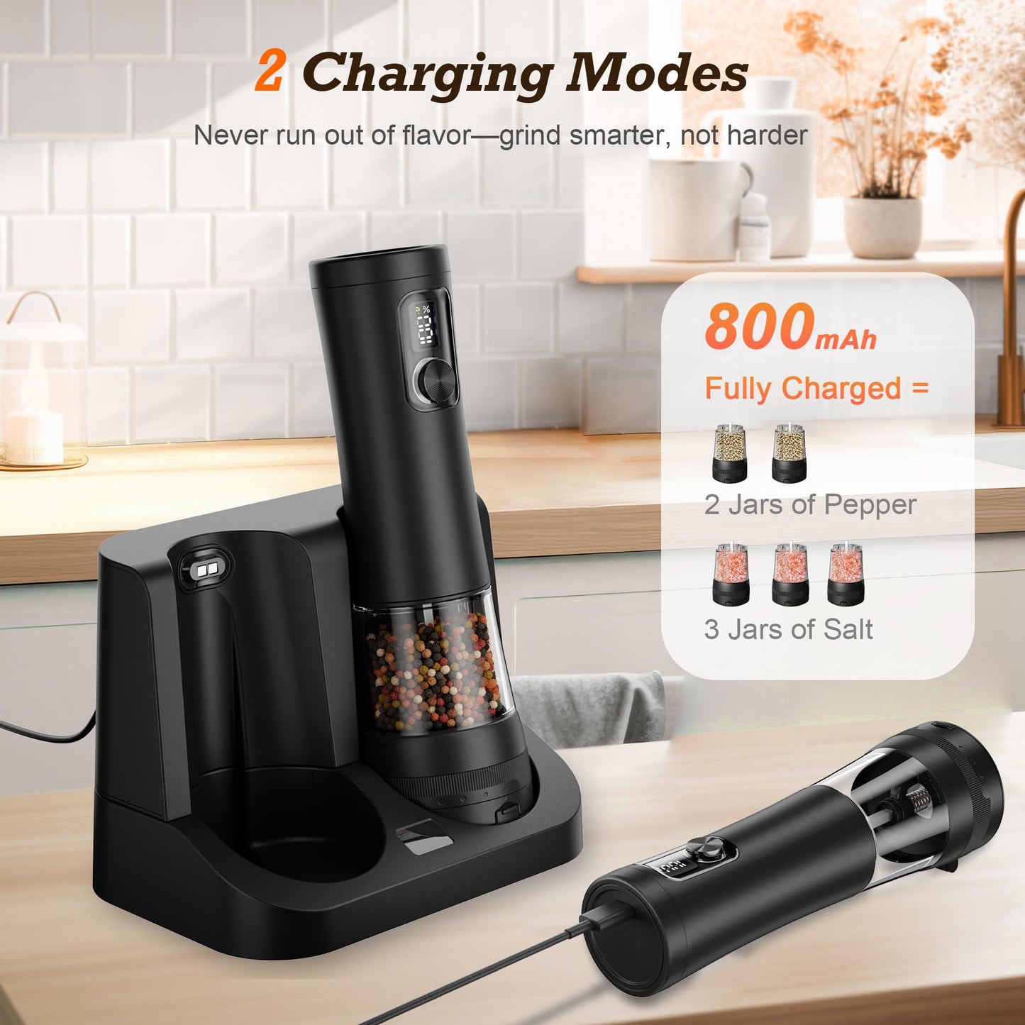 Electric Salt and Pepper Grinder Set, Automatic Refillable Salt and Pepper Shakers 2-Speed Setting with LED Light and 5 Adjustable Coarseness,Practical and Convenient Kitchen Gadgets（Black）
