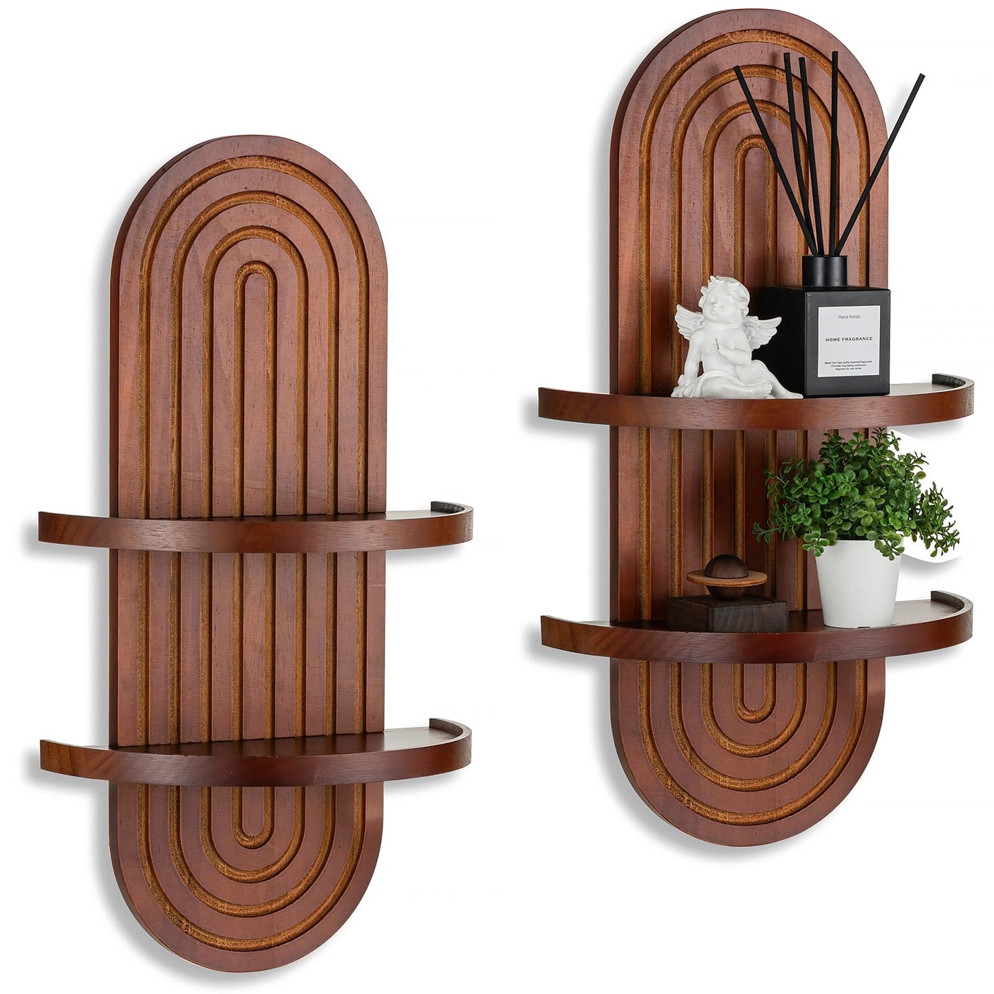 Walasis Mid Century Wall Shelves with Ledge: 22inch Large 2-Tier Walnut Boho Floating Shelves Arched Modern Wall Decor for Bathroom Bedroom Living Room Entryway