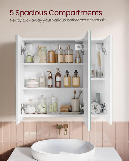VASAGLE BBK22WT Bathroom Wall Cabinet with Mirror, 3 Door Storage Unit, 60 x 15 x 55 cm, with Adjustable Shelf, Modern, White BBK22WT