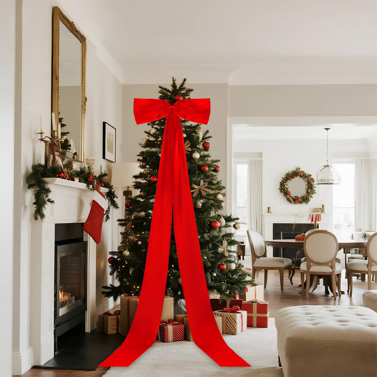 Giant Christmas Tree Bow Topper Big Bow for Christmas Tree Decorations 18X118In Tree Toppers Bows Big Red Bows for Wedding Birthday Party Wall Backdrop (Red)
