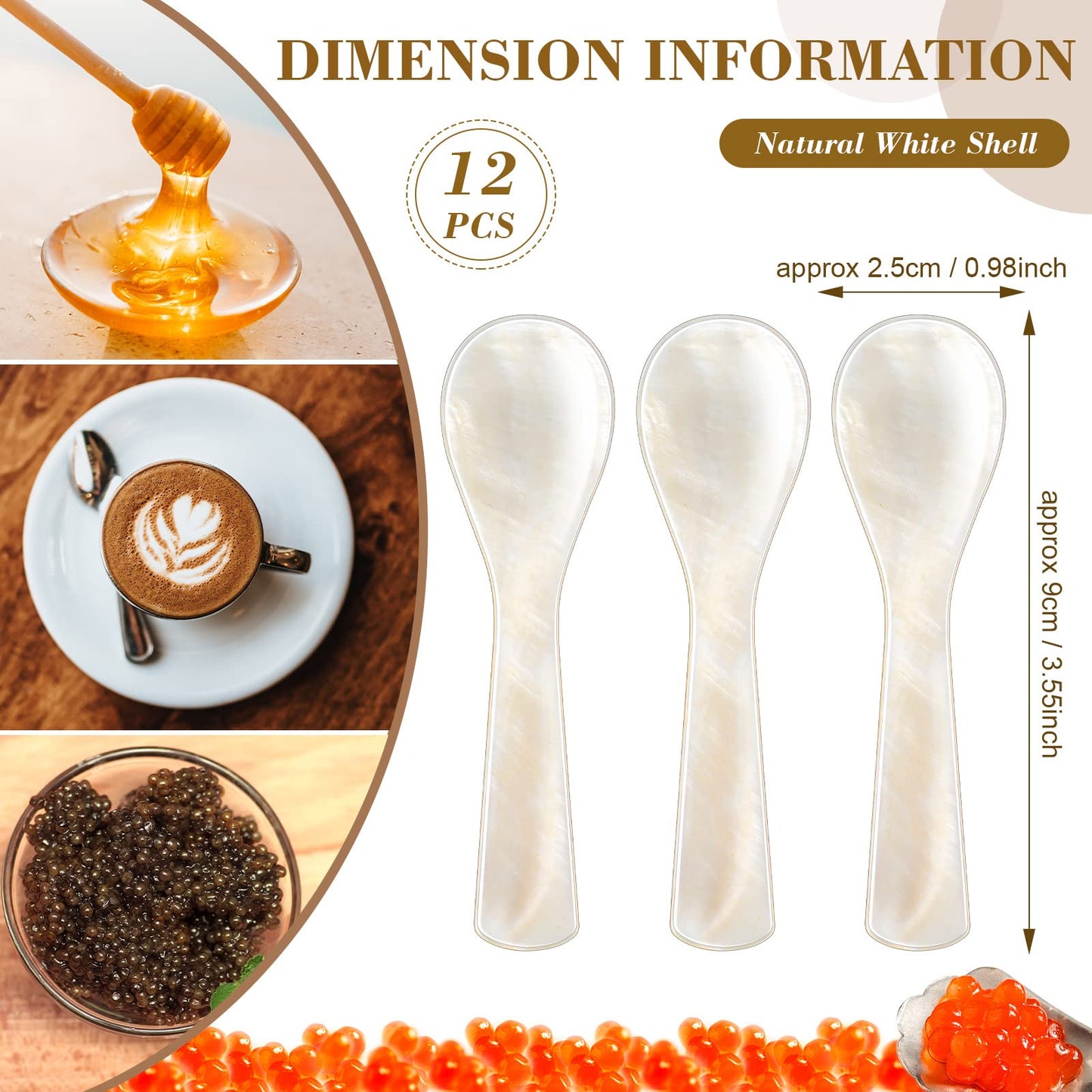 Caviar Spoons Mother of Pearl Mop Spoons with Hand Craft W Round Handle for Caviar, Egg, Ice Cream, Salt, Coffee Serving, Restaurant Serving Set(12 Pieces,3.55 Inch)