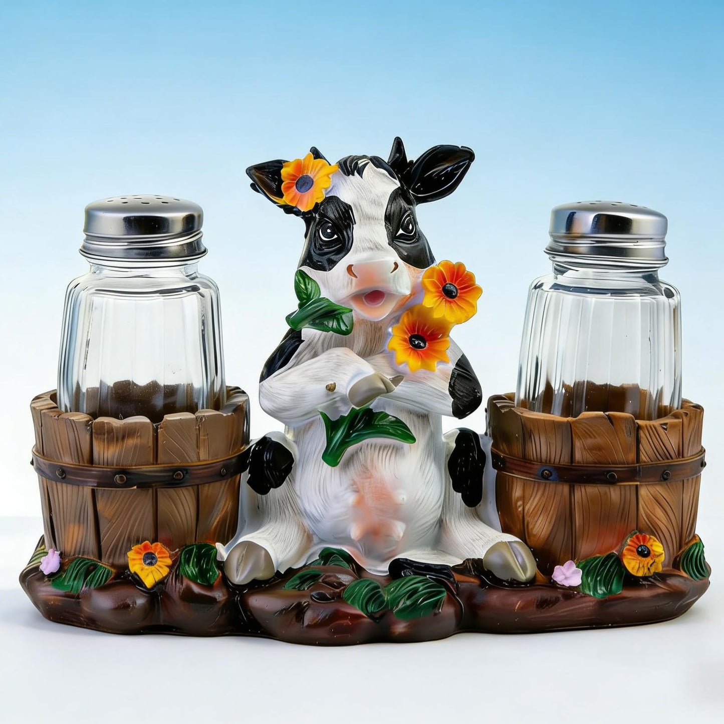 Rustic Farm Cow Salt and Pepper Shaker Holder with Glass Jars