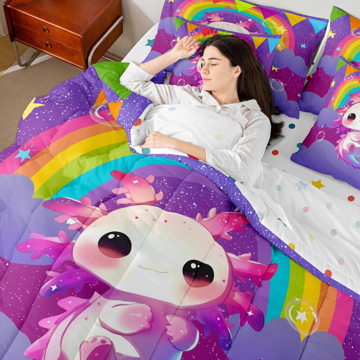 Erosebridal Girls Axolotl Queen Comforter Set Kids Cute Rainbow Axolotl Bed in a Bag with Flat and Fitted Sheet Kids Cartoon Kawaii 7-Piece Bedding Set Galaxy Stars Fantasy Quilt Duvet Sets,Purple