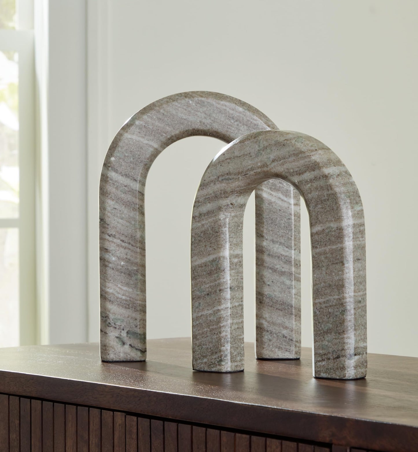 Signature Design by Ashley Keithton Minimalist Waterproof Marble Architectural Sculpture Set, Set of 2, Light Gray & Light Brown