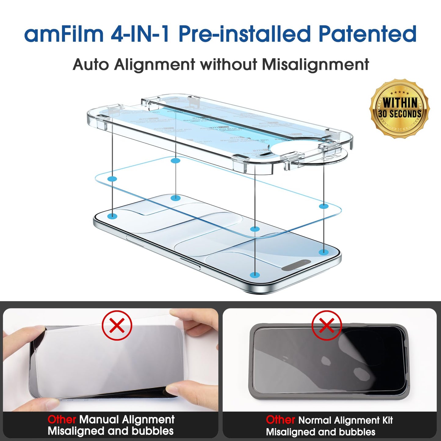 amFilm Easiest Installation OneTouch for iPhone 15 Pro Max Screen Protector [6.7 Inch] Tempered Glass + Camera Lens Protector, Auto-Alignment Tech, Bubble Free, Case Friendly, Anti-Scratch [2+2 Pack]