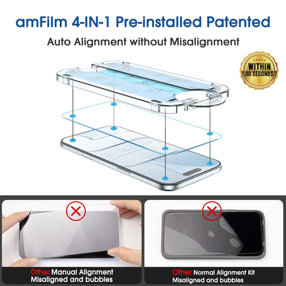amFilm Easiest Installation OneTouch for iPhone 15 Pro Max Screen Protector [6.7 Inch] Tempered Glass + Camera Lens Protector, Auto-Alignment Tech, Bubble Free, Case Friendly, Anti-Scratch [2+2 Pack]