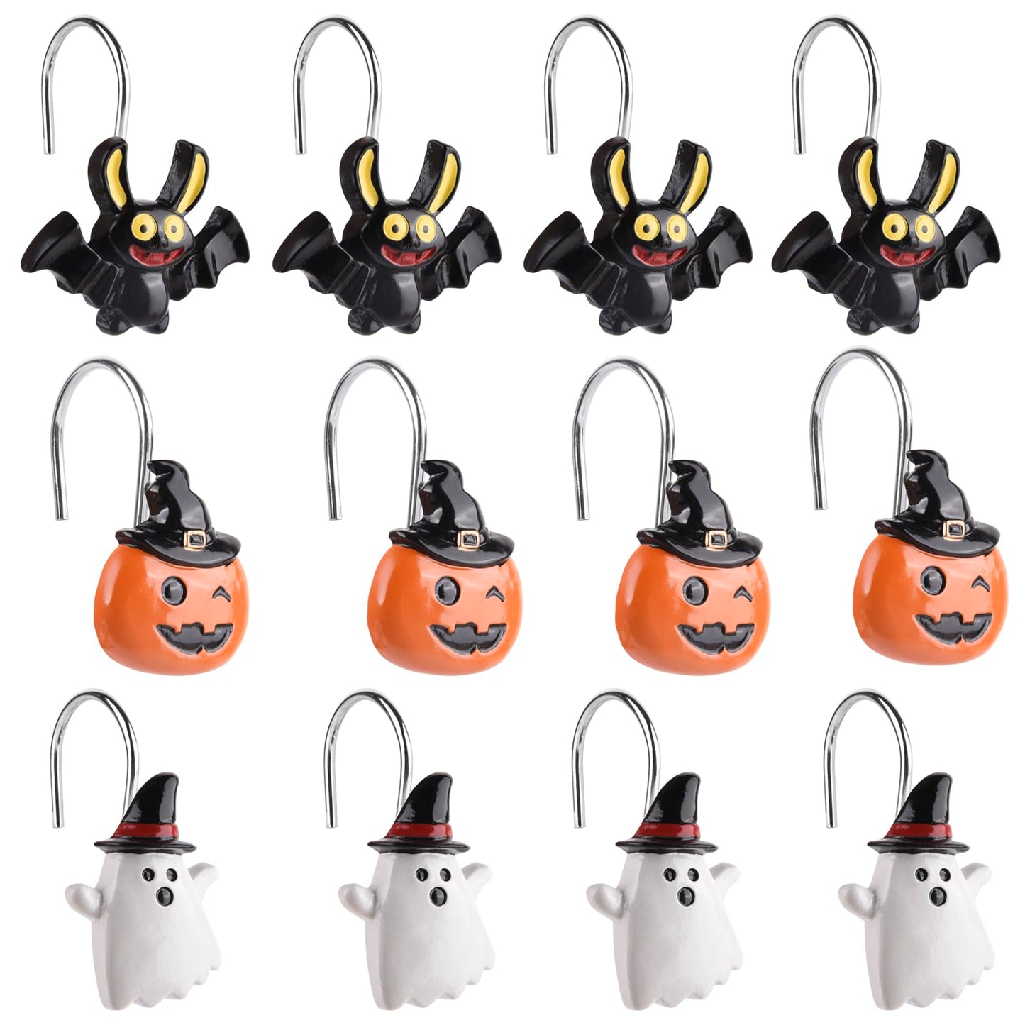 Halloween Decoration Shower Curtain Hooks, 12Pcs Halloween Pumpkin Bat Ghost Decorative Shower Curtain Rings Rustproof Shower Hooks Hangers Rings for Bathroom Halloween Decor (Halloween)