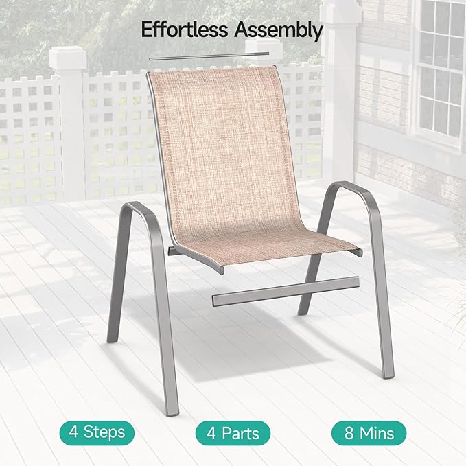 Patio Chairs Set of 6, Easily Set Up Stackable Outdoor Dining Chairs with High Back and Wide Seat, All Weather Breathable Outdoor Chairs Set of 6 with Metal Frame for Backyard Deck Pool, Beige