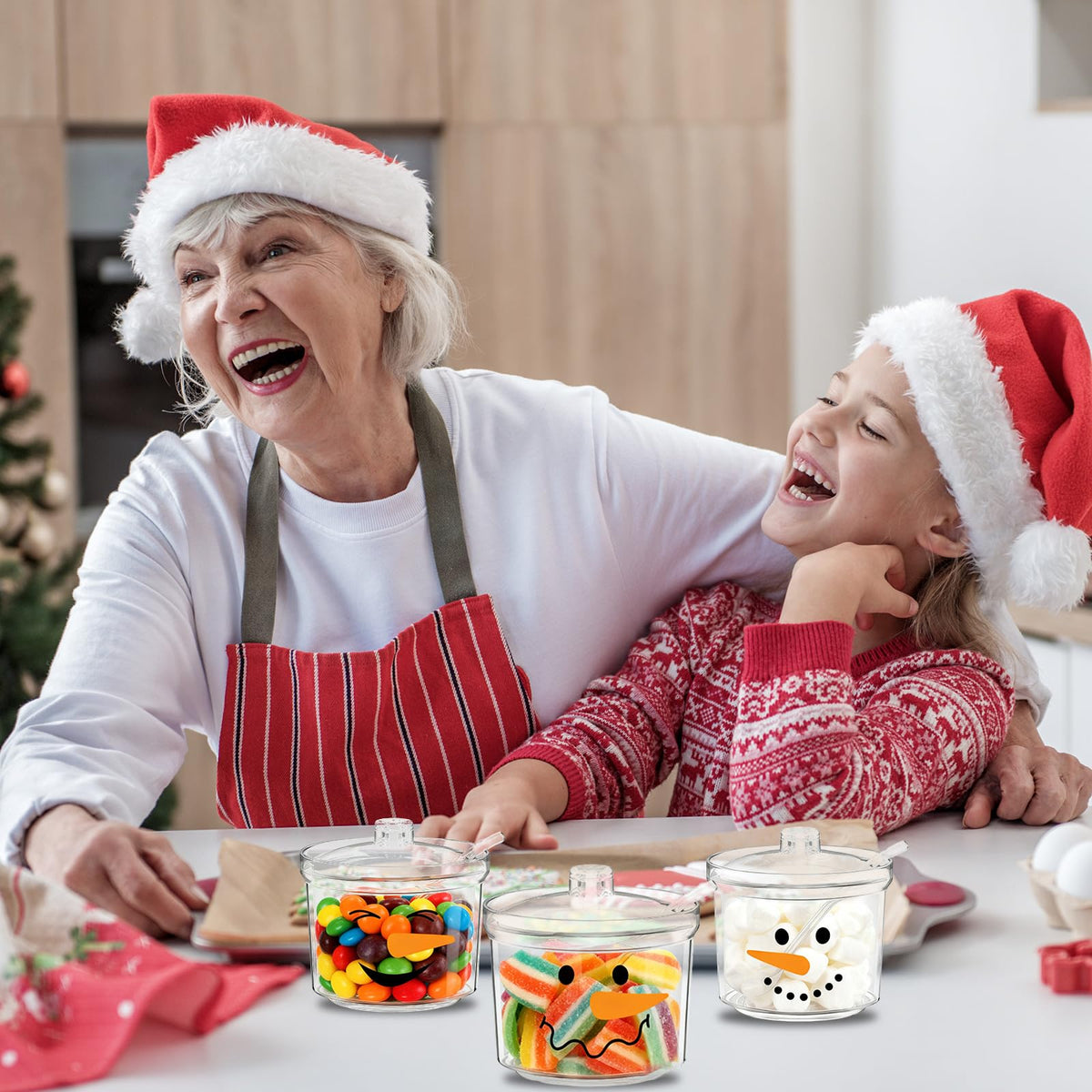 FYSUIMU 3Pcs Christmas Hot Cocoa Bar Supplies Clear Acrylic Sugar Bowl with Lid Spoon Cute Snowman Xmas Candy Jar 6.8 Oz Kitchen Storage Container for Home Coffee Bar Holiday Party