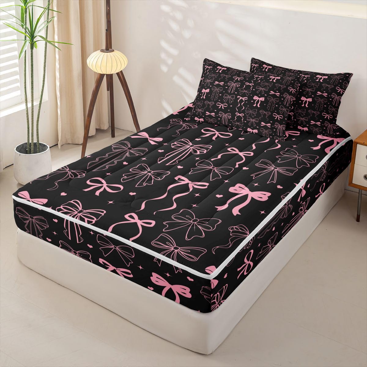 Feelyou Bow Zipper Bedding Full Bowknot Zipper Bedding Sets for Kids Boys Girls Black Pink Bow Comforter Set with Fitted Sheet and 2 Pillowcases Kawaii Bedroom Decor Black Pink