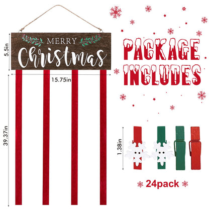 Christmas Card Holder Display, Card Holder Wall Display, Merry Christmas Wooden Decor, Xmas Hanging Picture Holders with 24 Photo Clips, Xmas Decor for Wall Door Window Home