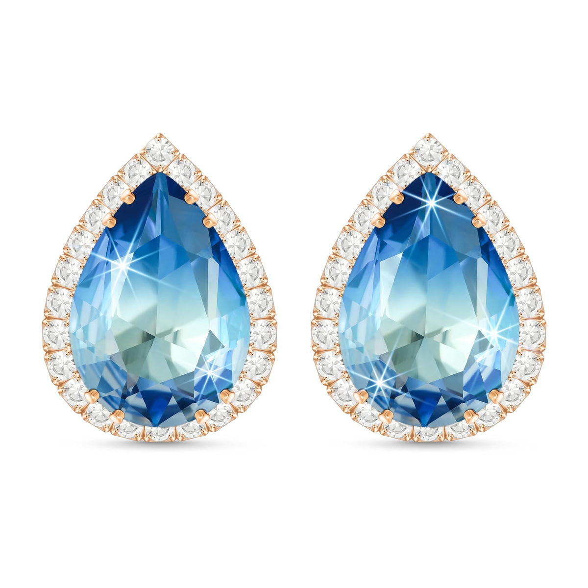 Linawe Aquamarine Stud Earrings for Women, Blue Cubic Zirconia Earrings Studs, Rose Gold Imitation Diamond Rhinestone Crystal Iridescent Teardrop Earrings Piercing Jewelry
