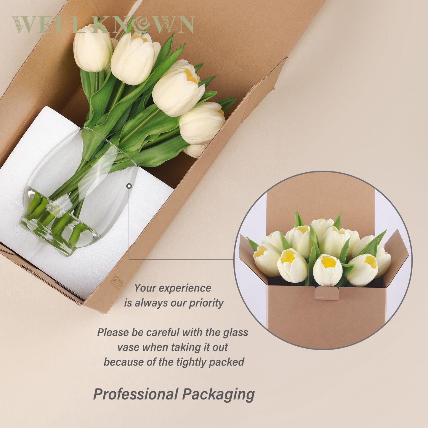 WELL KNOWN 12 Pcs Tulips Artificial Flowers in Vase, Real Touch Tulips with Vase with Upgrate Acrylic Water Flower Arrangements Centerpiece for Dining Room Table Decoration（Cream）