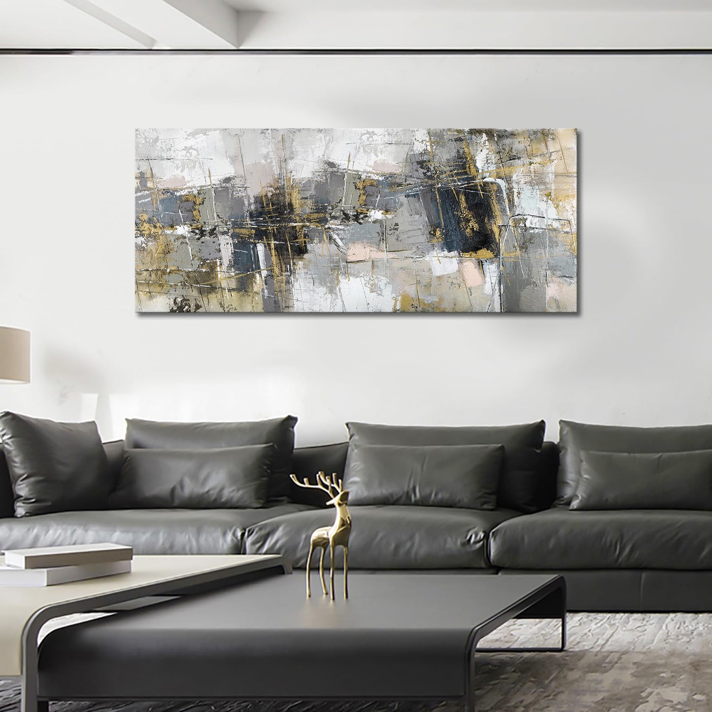 FajerminArt Large Framed Canvas Wall Art Abstract Grey Painting on Canvas Printed Picture Poster Wall Art for Living Room Bedroom Wall Decor Ready To Hang 20" x 48"/ 120cm x 50cm