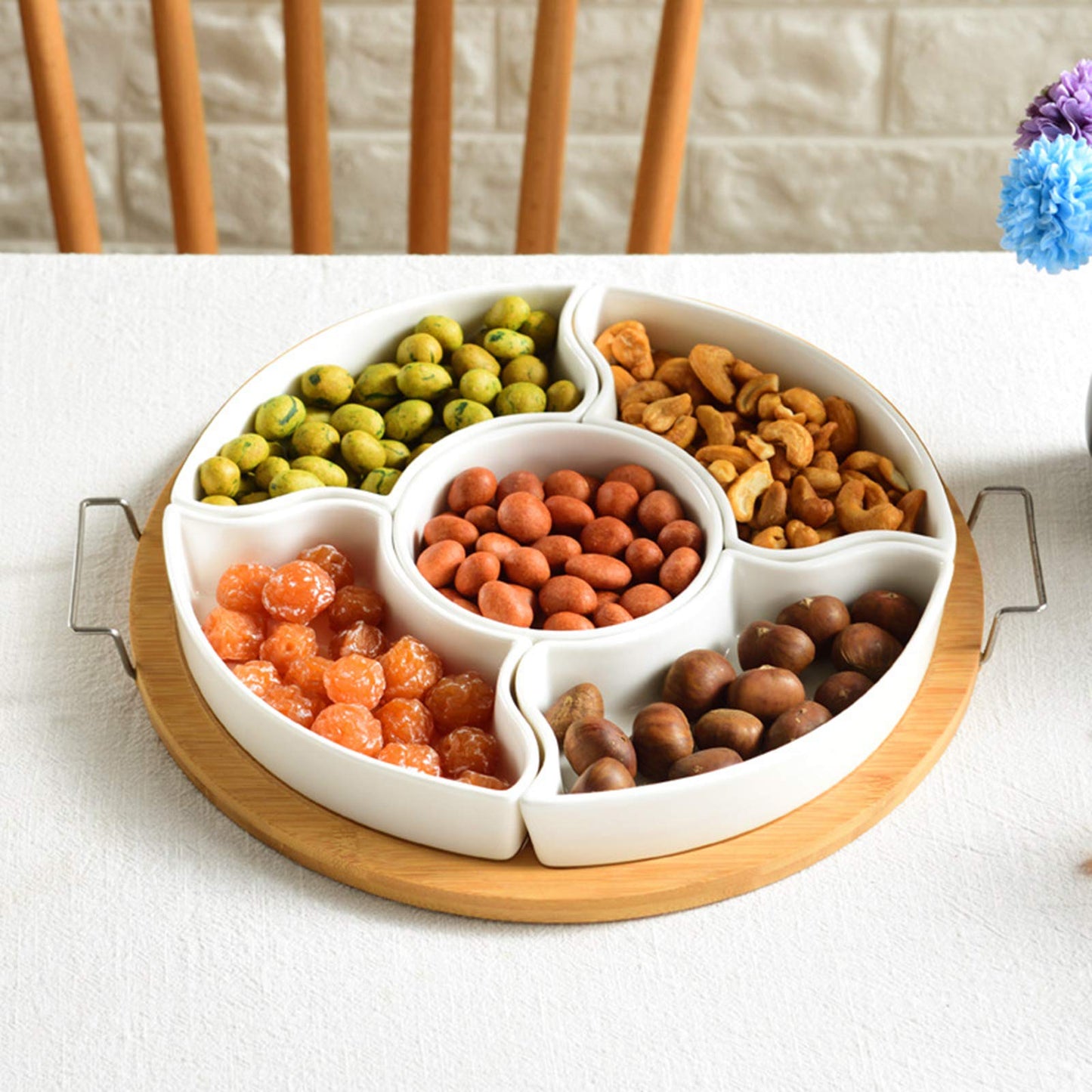 yarlung 11 Inch Ceramic Divided Serving Dishes with Bamboo Platter, Appetizer Tray 5 Removable Snacks Bowls for Candy and Nut, Chips and Dips, No Lid Included