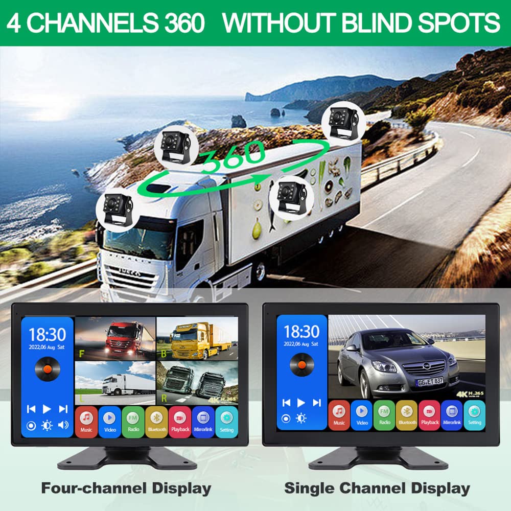 EVERSECU 4K Car Backup Cameras System with 10.1" Touch Screen Quad Display Monitor & 4pcs 1080P Backup AHD Cameras, MP5 Player, Vehicle DVR Recorder for RV/Truck/Bus/Trailer/Camper/Van