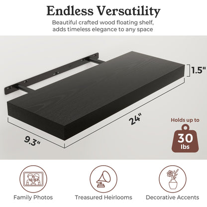 Ornawit Floating Shelves for Wall, 9.3" Deep Wall Mounted Wood Shelves for Bathroom, Bedroom, Living Room, Kitchen, Hanging Shelf for Books/Storage/Room Decor (Black, 24")