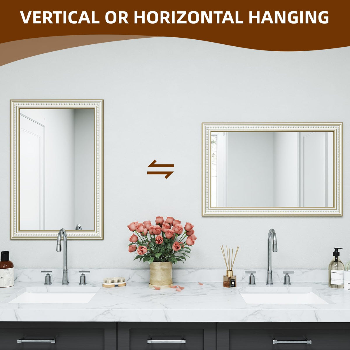 Reflinto 36x24 Inch Bathroom Decorative Wall Mirror, Rustic Farmhouse Wooden Frame Rectangular Mirrors for Over Sink, Living Room, Entryway, Foyer - Horizontal/Vertical Mount