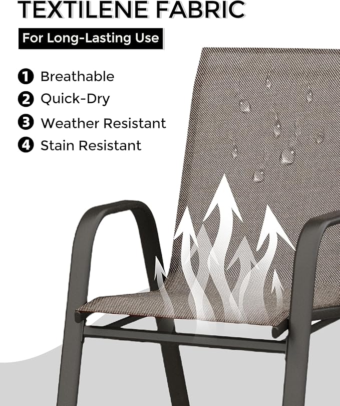 Outdoor Stackable Dining Chairs Set of 4, High-Back Patio Stacking Chairs, Patio Chairs with Textilene Farbic & Metal Frame for Lawn Backyard Deck Garden,Brown
