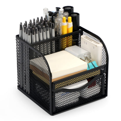 BiSiViO Mesh Desk Organizer, Metal Pencil Holder, Pen Holder for Desk with Drawer, Desktop Accessories, Multi-functional Caddy Pen Organizers with 3 Compartments for Office Art Supplies - Black