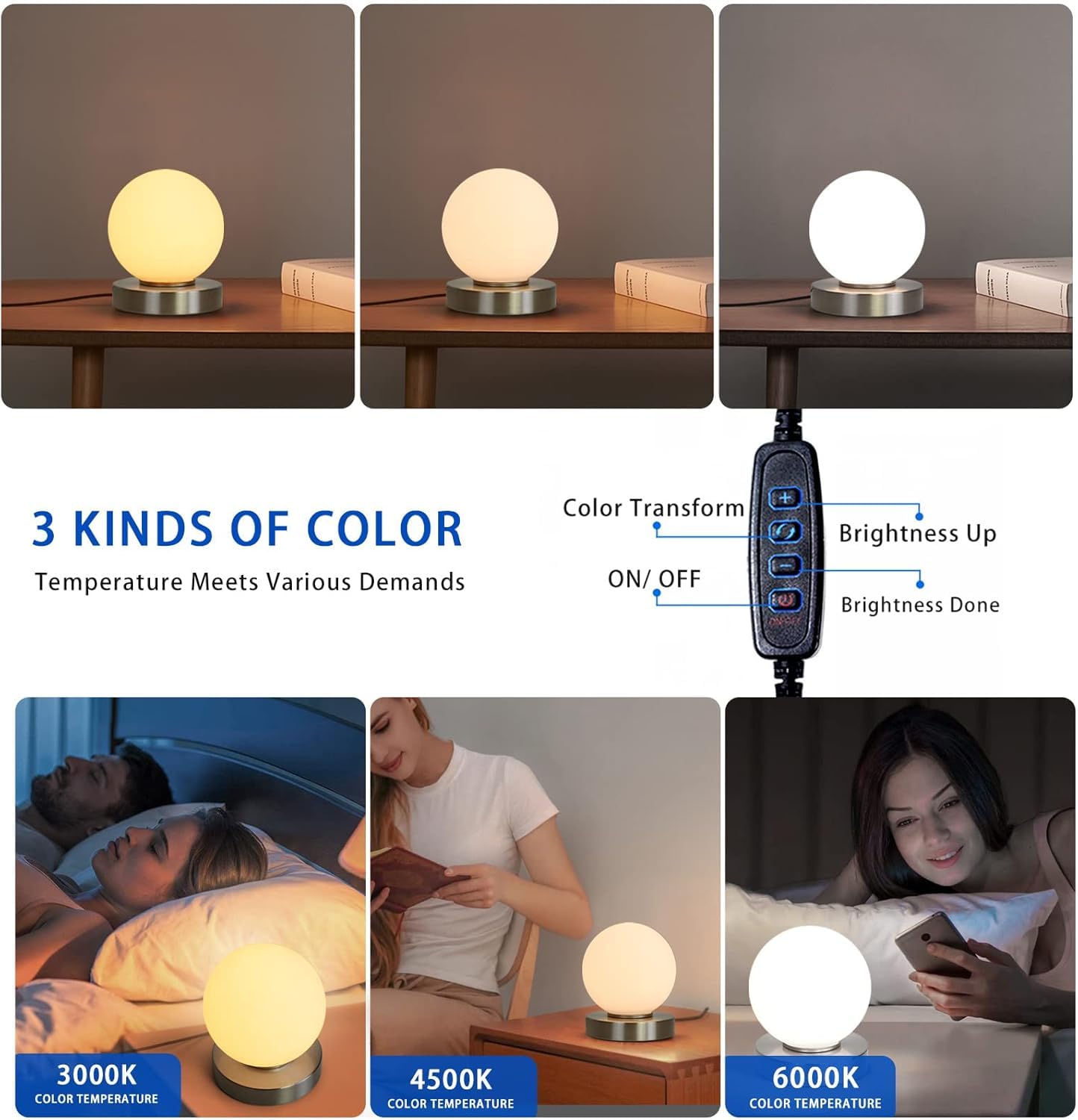 Modern Small Table Lamps, Opal Glass Bedside Table Lamp 3 Colors Dimmable Gold Desk Lamp, for Bedroom Living Room Nightstand, Simple Design (Silver)
