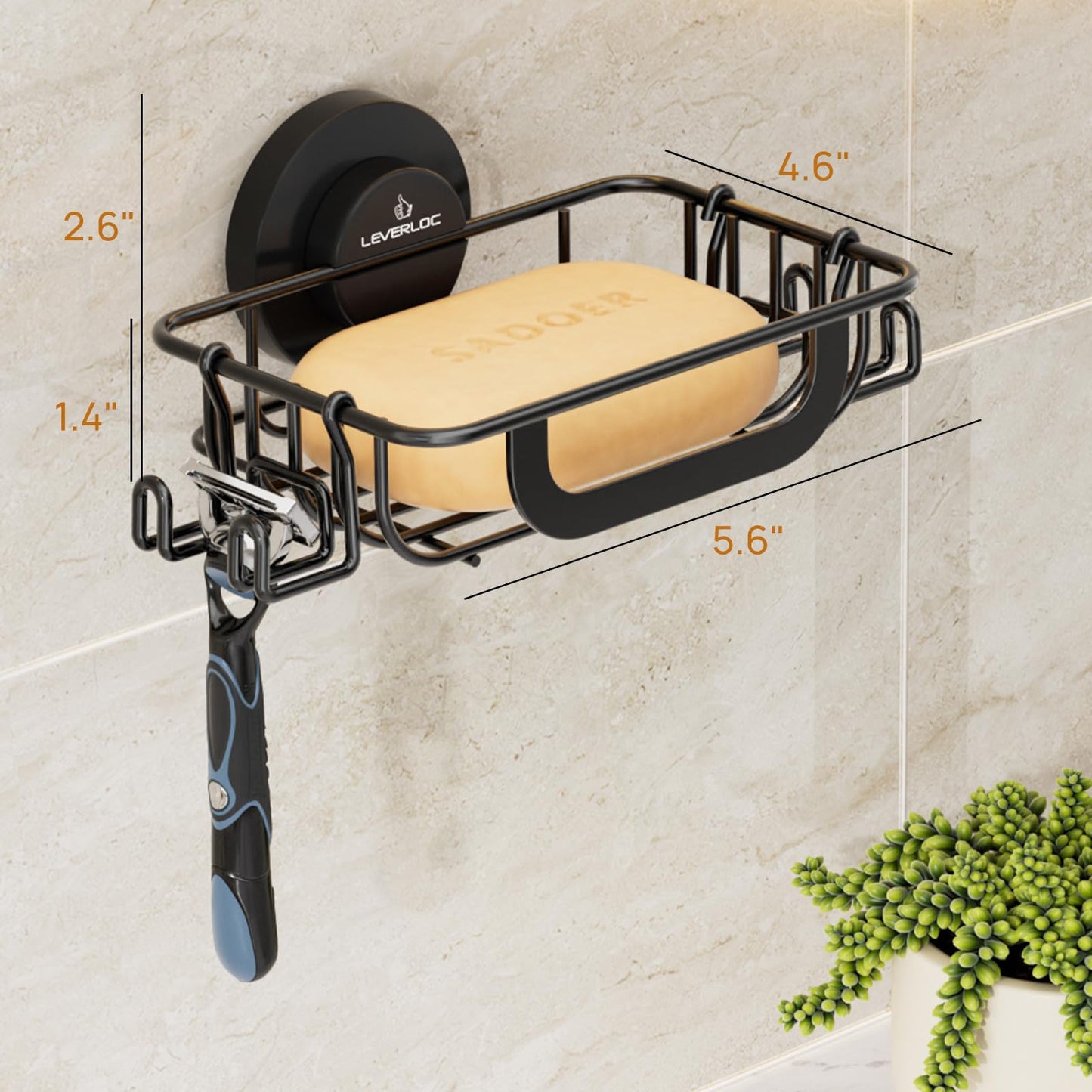 LEVERLOC Bar Soap Holder for Shower with Hooks, Suction Cup Soap Dish Rustproof Stainless Steel for Bathroom Accessories, Sponge Saver Black
