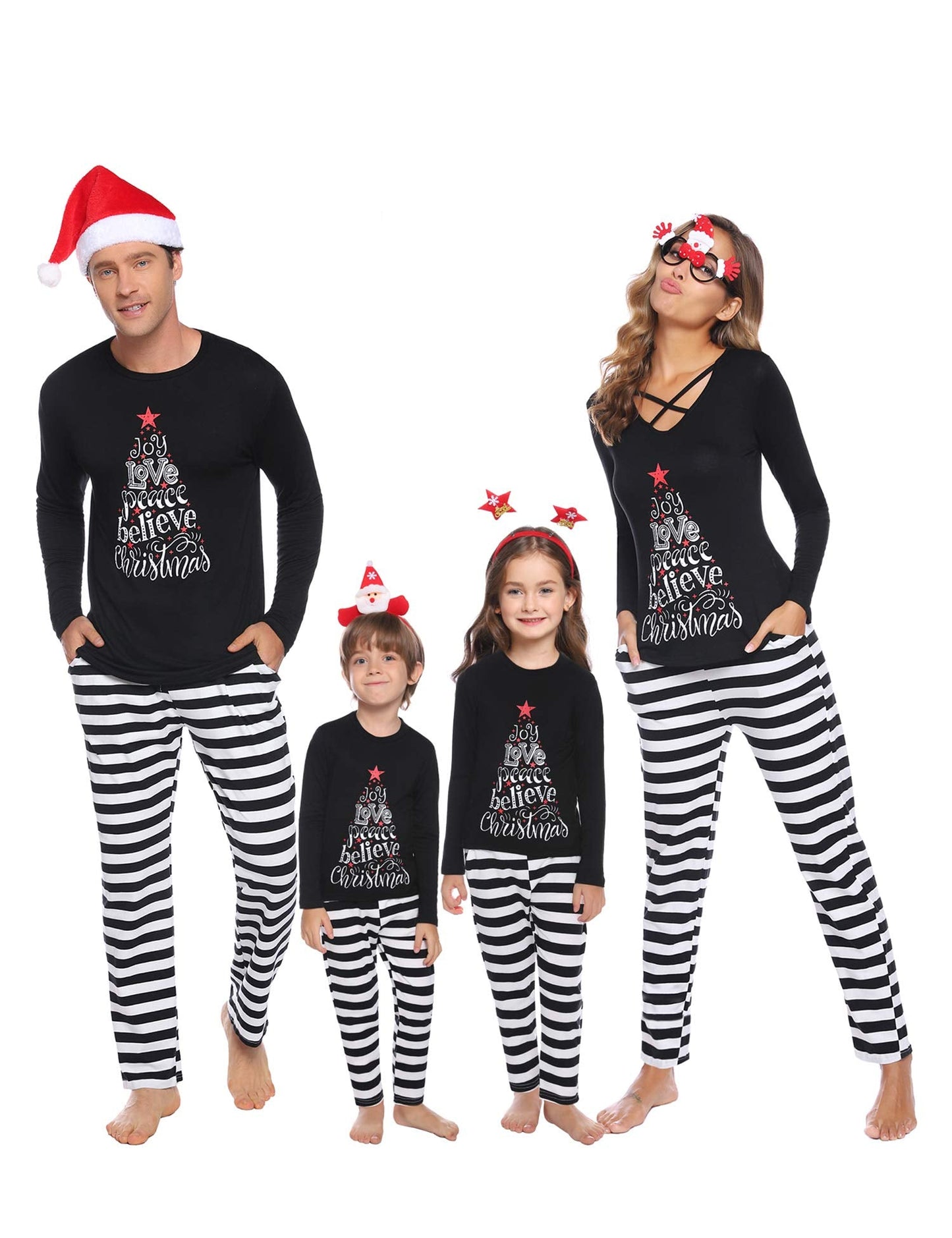 iClosam Matching Family Pajamas Set Striped Christmas Pajamas Sleepwear Dad Mom PJs Black