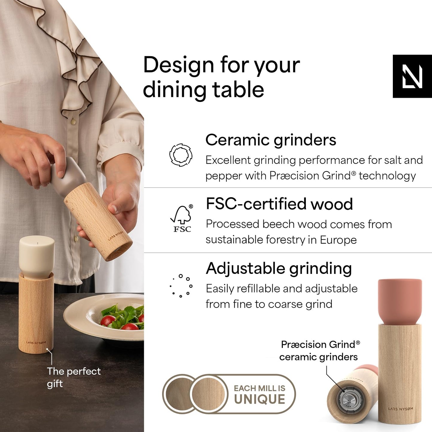 LARS NYSØM Wooden Salt and Pepper Grinder Set Manual - Salt and Pepper Mills with Adjustable Ceramic Grinder - Elegant Beechwood Pepper and Salt Mill Set for Dining Table (Brick Red)