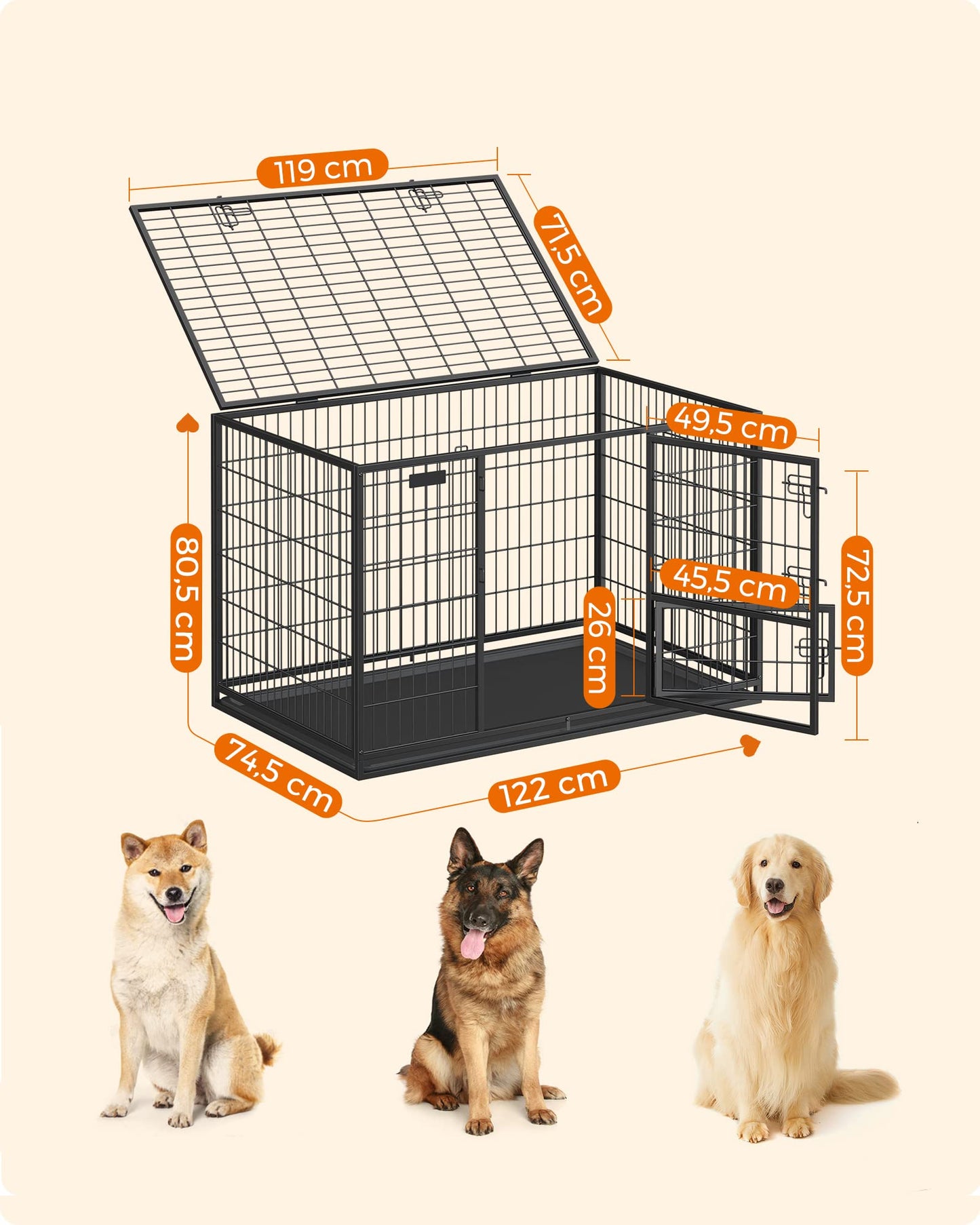 Feandrea Heavy-Duty Dog Crate, Dog Cage, 122 x 74.5 x 80.5 cm, for Medium and Large Dogs, Double Removable Door, Easy Cleaning, Pet Cage, XXL, Black PPD003B01