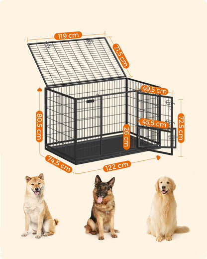 Feandrea Heavy-Duty Dog Crate, Dog Cage, 122 x 74.5 x 80.5 cm, for Medium and Large Dogs, Double Removable Door, Easy Cleaning, Pet Cage, XXL, Black PPD003B01