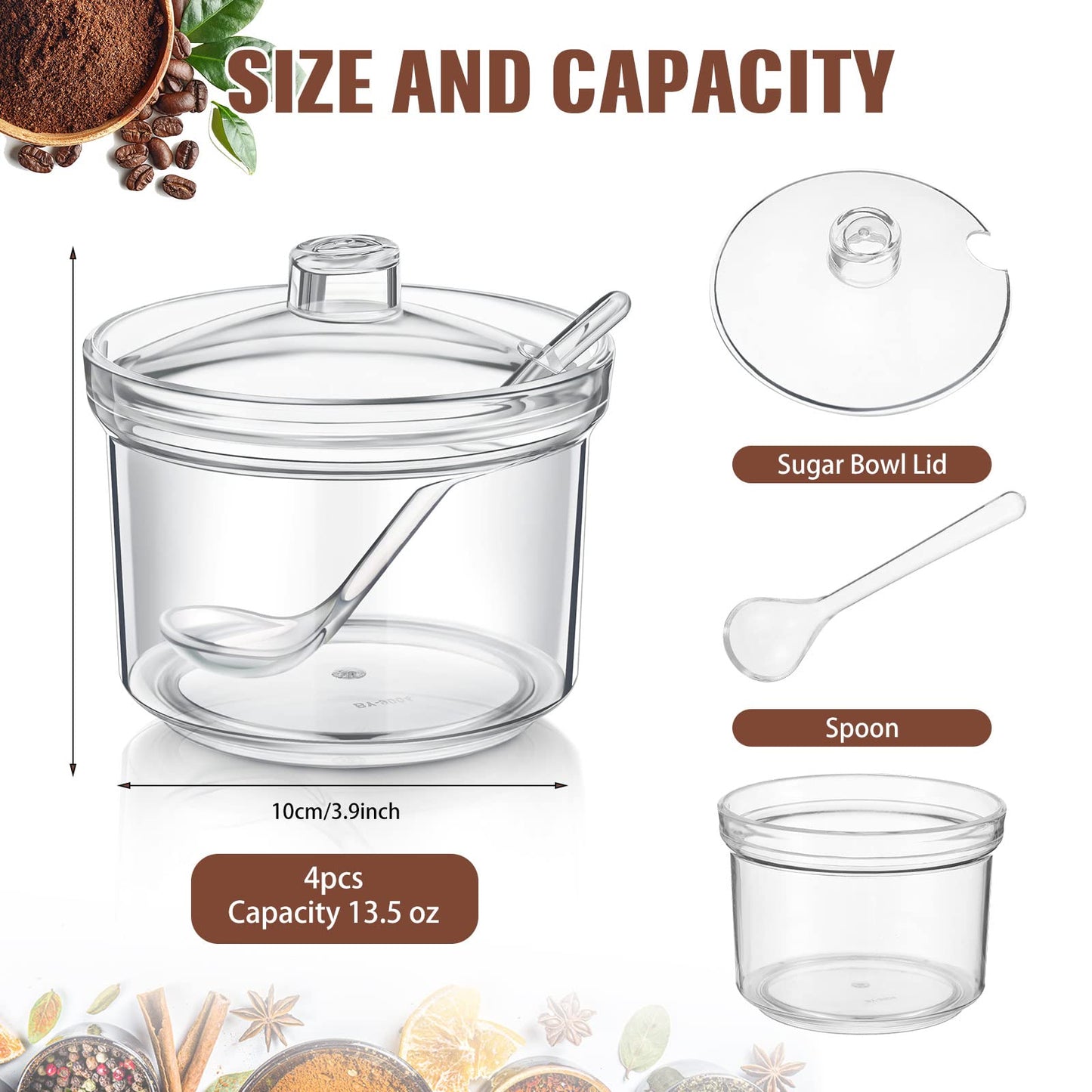 Patelai 4 Pieces Sugar Bowl Acrylic Clear Sugar Bowl with Lid and Salt Spoon Storage Jar with Airtight Lid for Salt, Tea, Spices, Herbs, Condiments(13 oz)