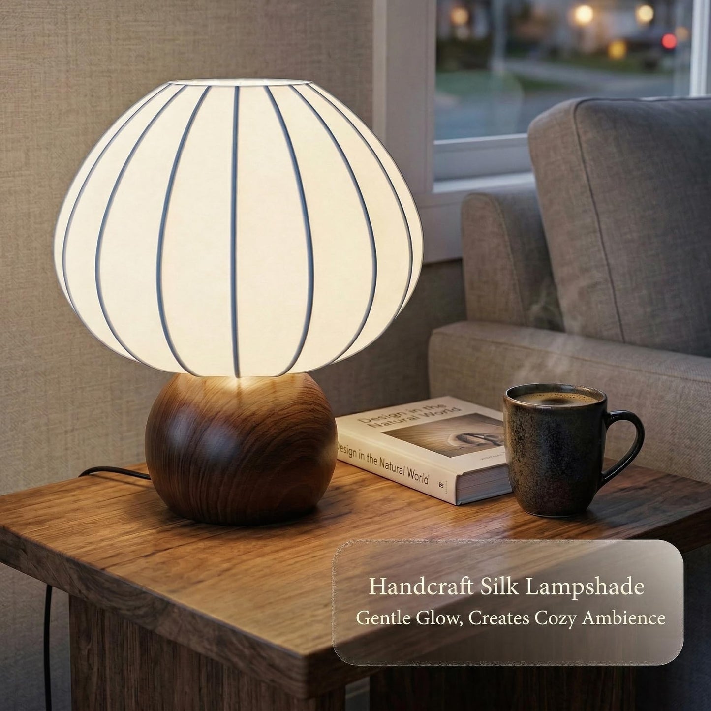 ARGO-HOME Mushroom Table Lamp, Metal Bedside Lamp with Stepless Dimming, Handcrafted Silk Lampshade Nightstand Lamp for Cozy Bedroom Living Room Kids Room