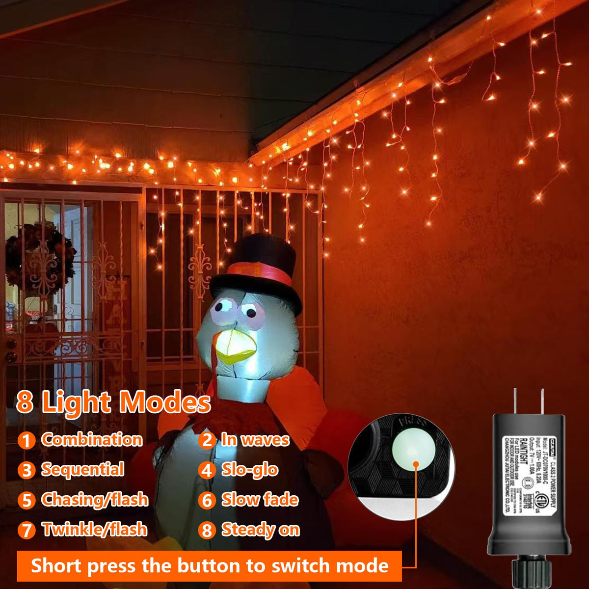YEGUO 33ft 400 LED Orange Thanksgiving Lights, Connetable Icicle Light Outdoor Waterproof, 8 Modes Christmas Lights Indoor Plug in for Thanksgiving House Patio Fall