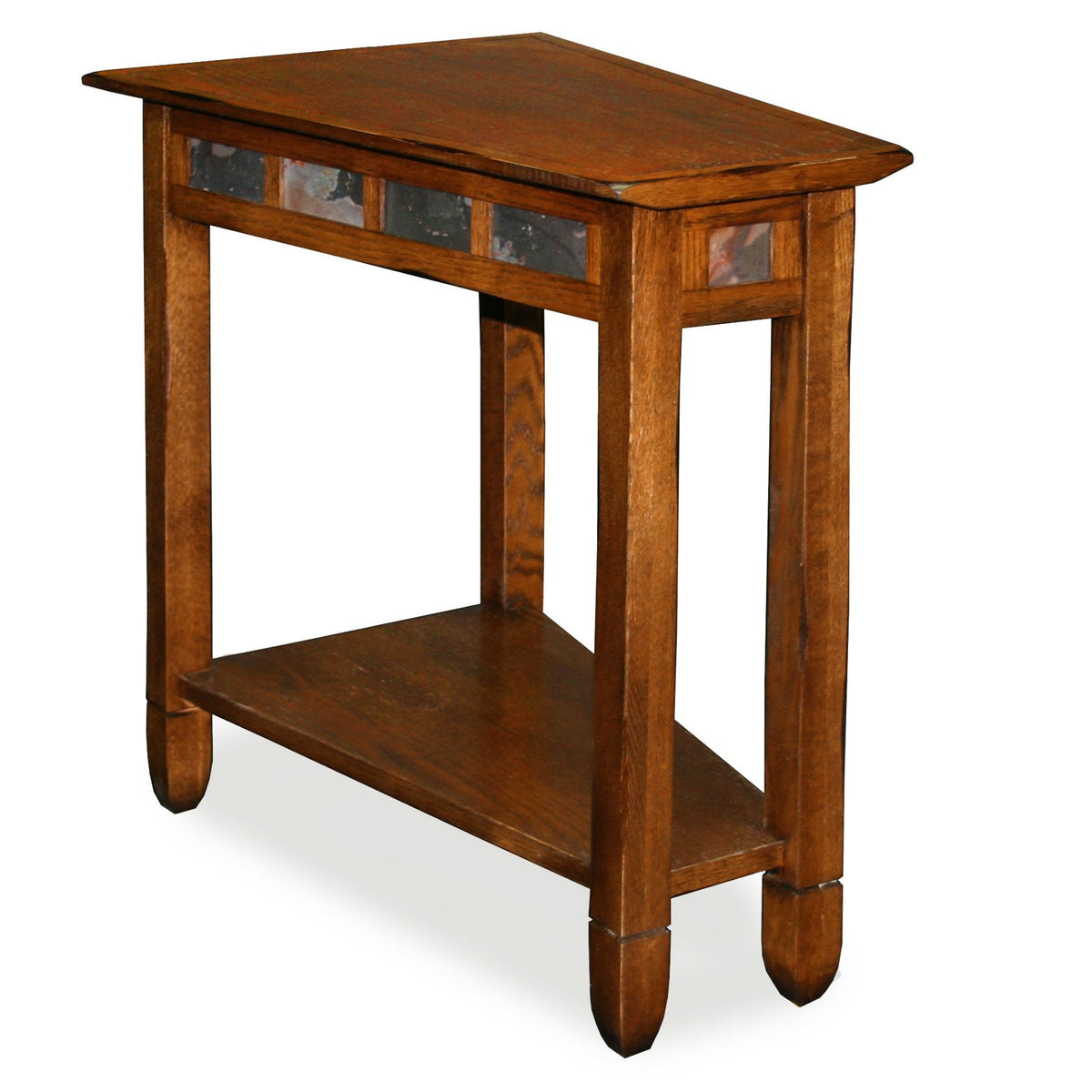 Leick Home Slate End Table, Solid Wood, Narrow Wedge Shape, Slate Tile Insets, Bottom Display Shelf, Easy-Assembly, Rustic Oak, 23.5 in. L x 17 in. W x 24 in. H, 10056