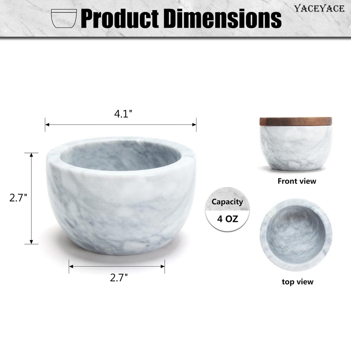 YACEYACE White Modern Marble Salt Bowl, 4oz Small Salt Cellar with Acacia Wood Lid, Elegant White Salt Spice Seasoning Bowl, Container Jar Holder