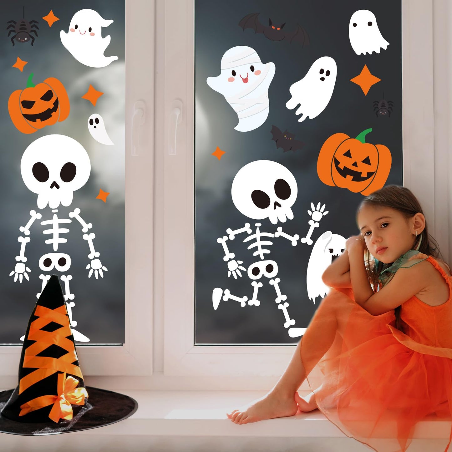 Whaline 9 Sheet Halloween Window Clings Cute Cartoon Ghost Pumpkin Skeleton Reusable Window Decals for Home Classroom Office Haunted Party Decor