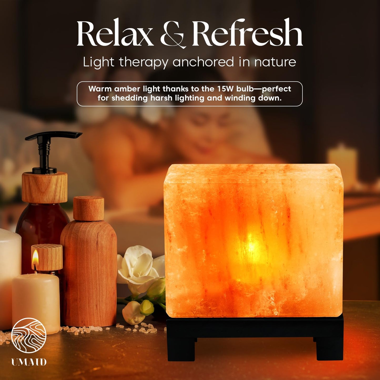 UMAID Himalayan Salt Lamp Rectangle, Natural Pink Rock Salt Lamp on Modern Wood Base with Night Light Bulb and Dimmable Cord, Spa Decor, Salt Massage Stones Ambiance, Meditation Accessories Decor Gift