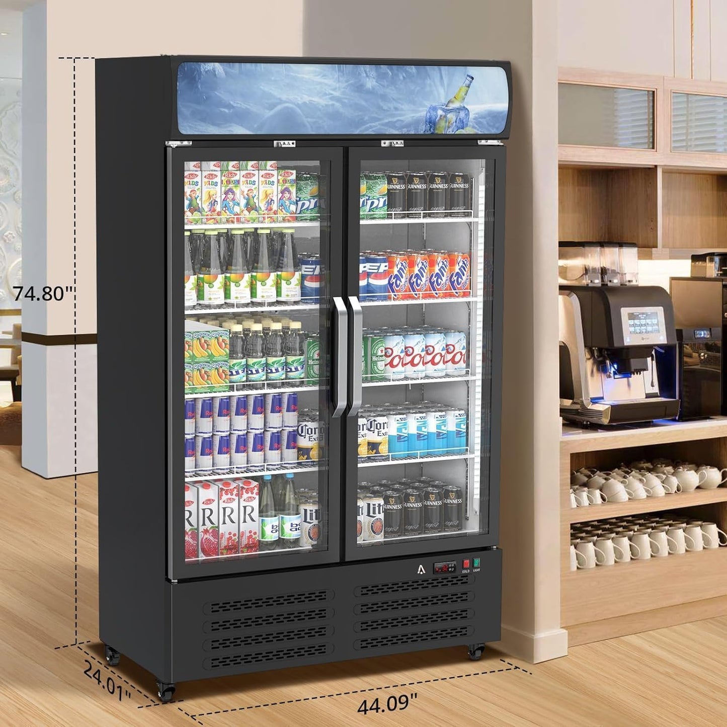 Commercial Refrigerator, 25.3 Cu Ft Commercial Merchandiser Refrigerator, Upright Beverage Display Cooler with 2 Glass Door and LED Light, Large Business Cooler for Home Restaurant Grocery Stores