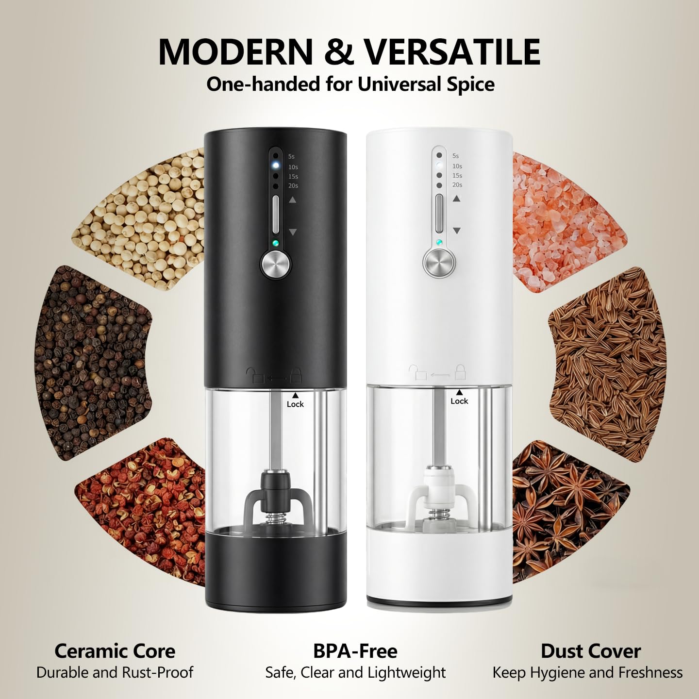 Hxro Electric Salt and Pepper Grinder, 120ml Capacity, 4 Level Timer, Salt and Pepper Mill with LED, USB Rechargeable, Adjustable Coarseness Grinder for Kitchen (2, Black&White Set)