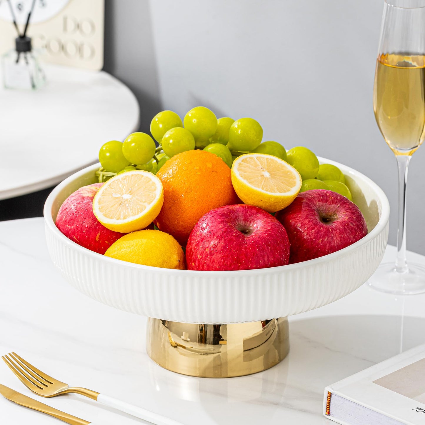 CCATSIX Ceramic Fruit Bowl,11-Inch Large Decorative Bowls,White Pedestal Tray and Gold Base, Fruit Bowl for Kitchen Counter, Bread and Fruit Trays,Salad or Dessert Display Trays for Parties. (XL)