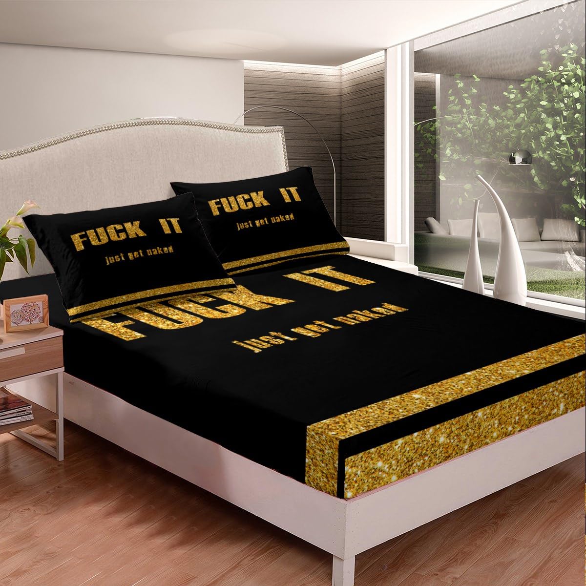 Funny Quotes Fitted Sheet & Pillow Sham Set Get Naked Bed Sheet Set for Men Women Couple Lover Golden Glitter Sequins Bedding Set Black and Gold Bed Cover No Flat Sheet Bedroom Decor 3Pcs Full Size