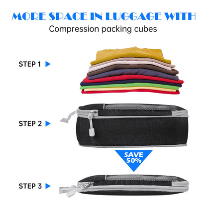 NiHome 7PCS Compression Packing Cube Set Expandable Mesh Travel Bag Luggage Organizers with Electronic Cable Cord Charger Organizer Drawstring Bag for Trip Home Storage Travel Gear Accessories (Black)
