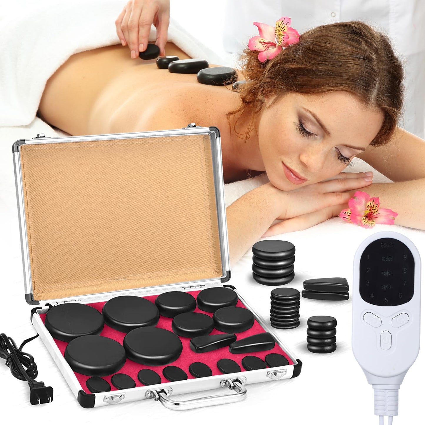 Yunsailing 18 Pcs Hot Stones Massage Set with Electric Heater Box 110v Basalt Massage Rock Kit for Professional Home Spa Warming Relaxing Relief, Constant 50°c (122°f)(Adjustable Temperature)