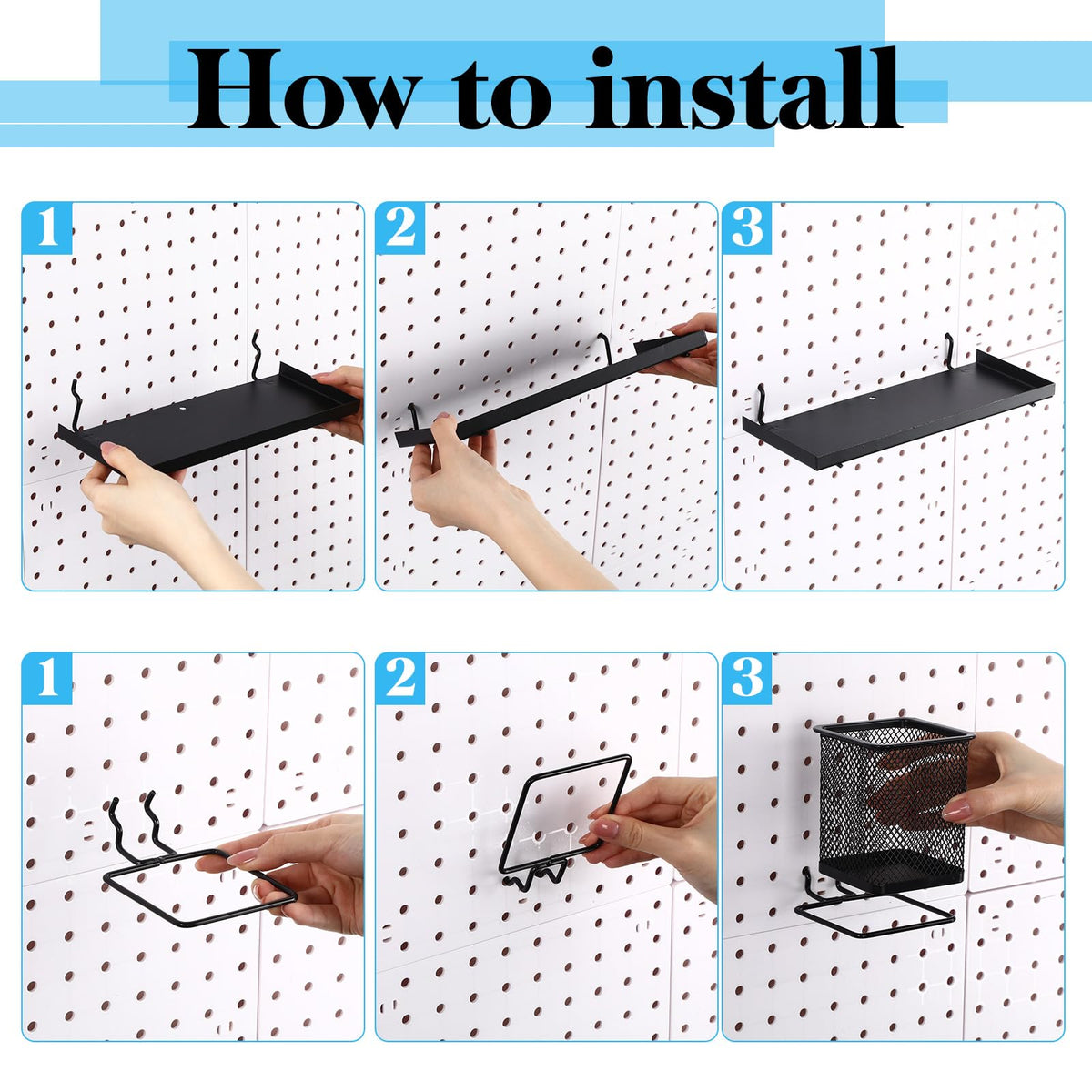 Tosstuki 12 Pack Pegboard Organizer Accessories - 6 Pegboard Pencil Cups Holder Peg Board - 6 Shelves Metal Shelf Brackets - Tools Storage Arrange System Kit for Office Garage Room