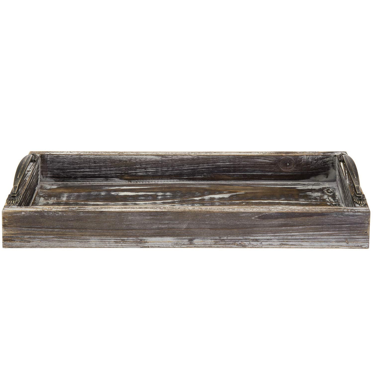 MyGift 16 Inch Rustic Torched Solid Wood Butler Tray with Decorative Antique Metal Handles, Holiday Dining Table Centerpiece, Christmas Dinner Home Decor