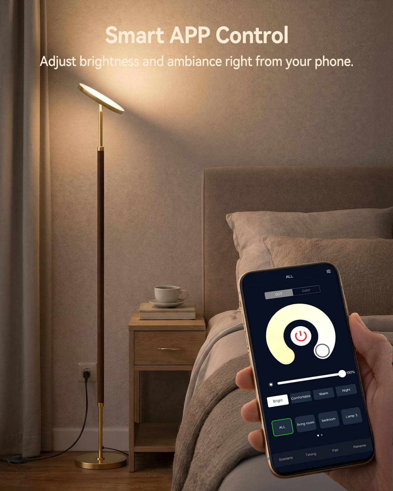 JOOFO Wood Torchiere Floor Lamp, Super Bright Stepless Dimmable LED Uplight Standing Lamp with Remote Adjustable Color Temperature 3000K–6500K with Timer for Living Room Bedroom Office Reading