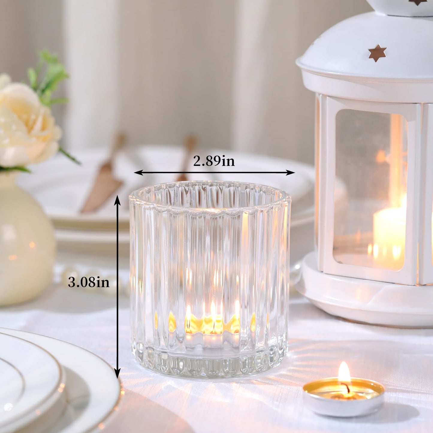 Lanttu 8 Pcs Glass Large Votive Candle Holders, 2.89 * 3.08in Tea Lights Candle Holders for Wedding Table Centerpieces, Boho Home Dinner Birthday Party Decor, Bridal Shower Holiday Decorations