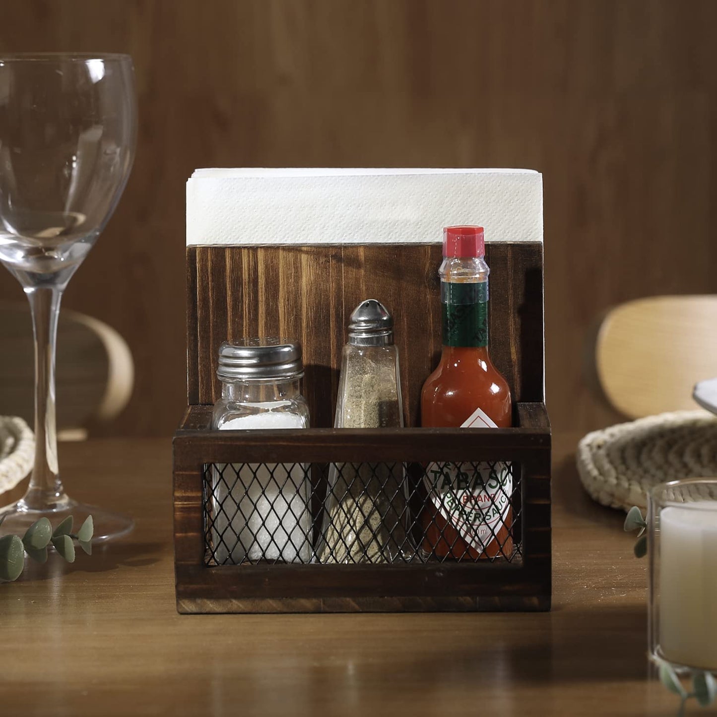 FARM IN Napkin Holder, Farmhouse Multifunctional Napkin Holder with Salt and Pepper Shakers Holder for Home Kitchen Table Centerpiece and Commercial, Rustic Solid Burnt Wood & Diamond Metal Wire Mesh