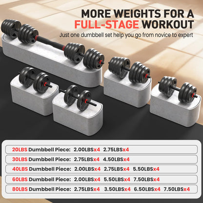 Adjustable Dumbbells, 20/30/40/55/60/70/80/90lbs Free Weights Dumbbells Convertible 2 or 3 in 1 Set Used as Barbell, Kettlebells, A Pair of Lightweight for Home Gym